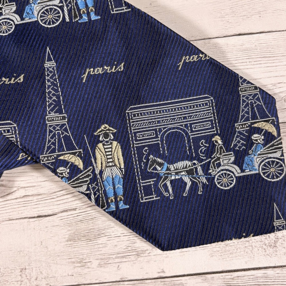 Vintage Navy Blue Paris Eiffel Tower Arc de Triomphe Motif Polyester Necktie